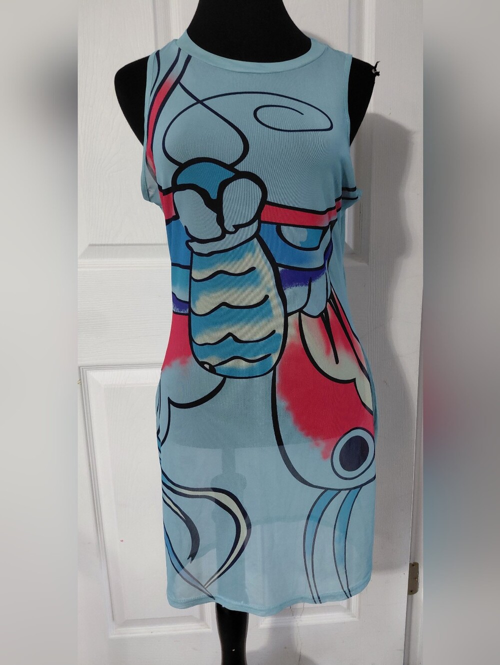 Beach Cover Up LobsterAbstract Light Blue Sleeveless Mini Dress w/ Coral Accents